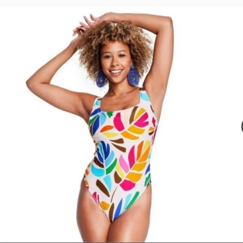 TABITHA BROWN BOTANICAL PRINT SCOOP NECK ONE PIECE SWIMSUIT SZ M
